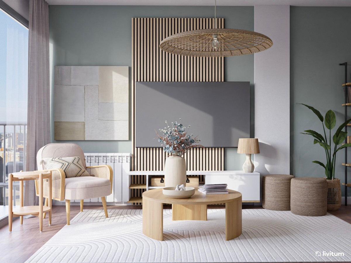 Salón muy luminoso con decoración natural y bohemia