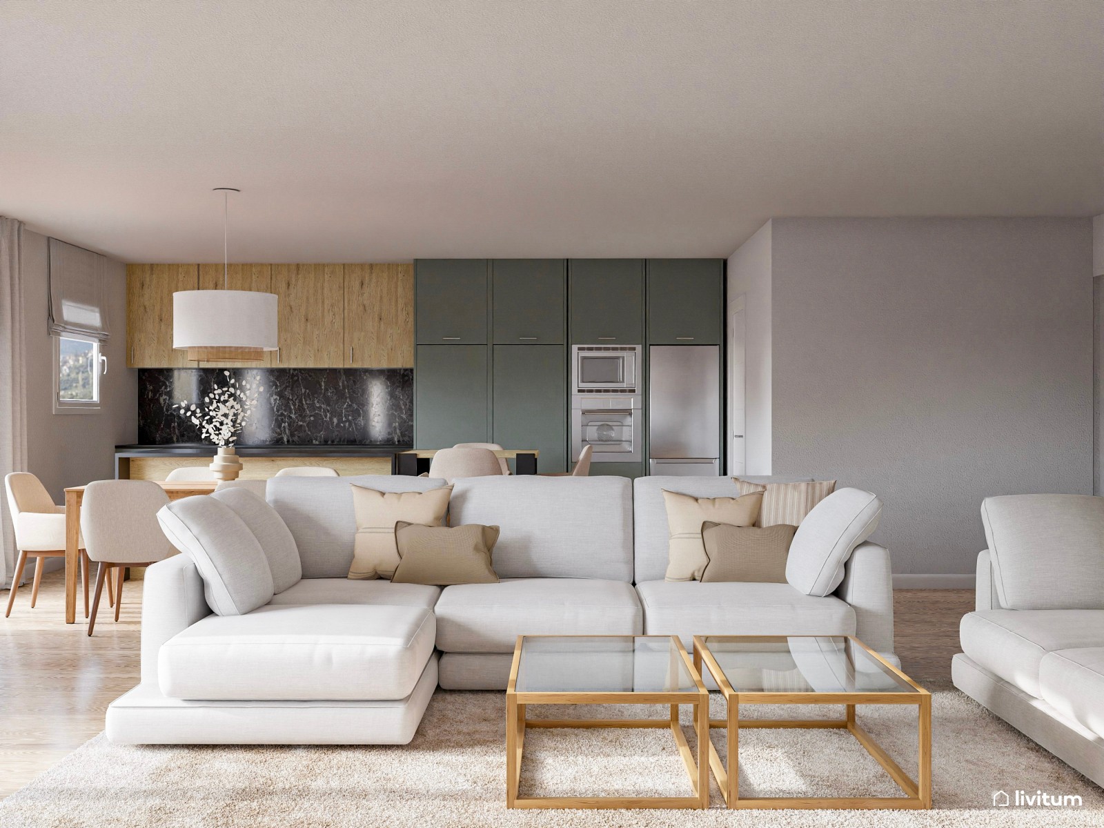 Salón neutro con elegante cocina abierta en negro y verde 