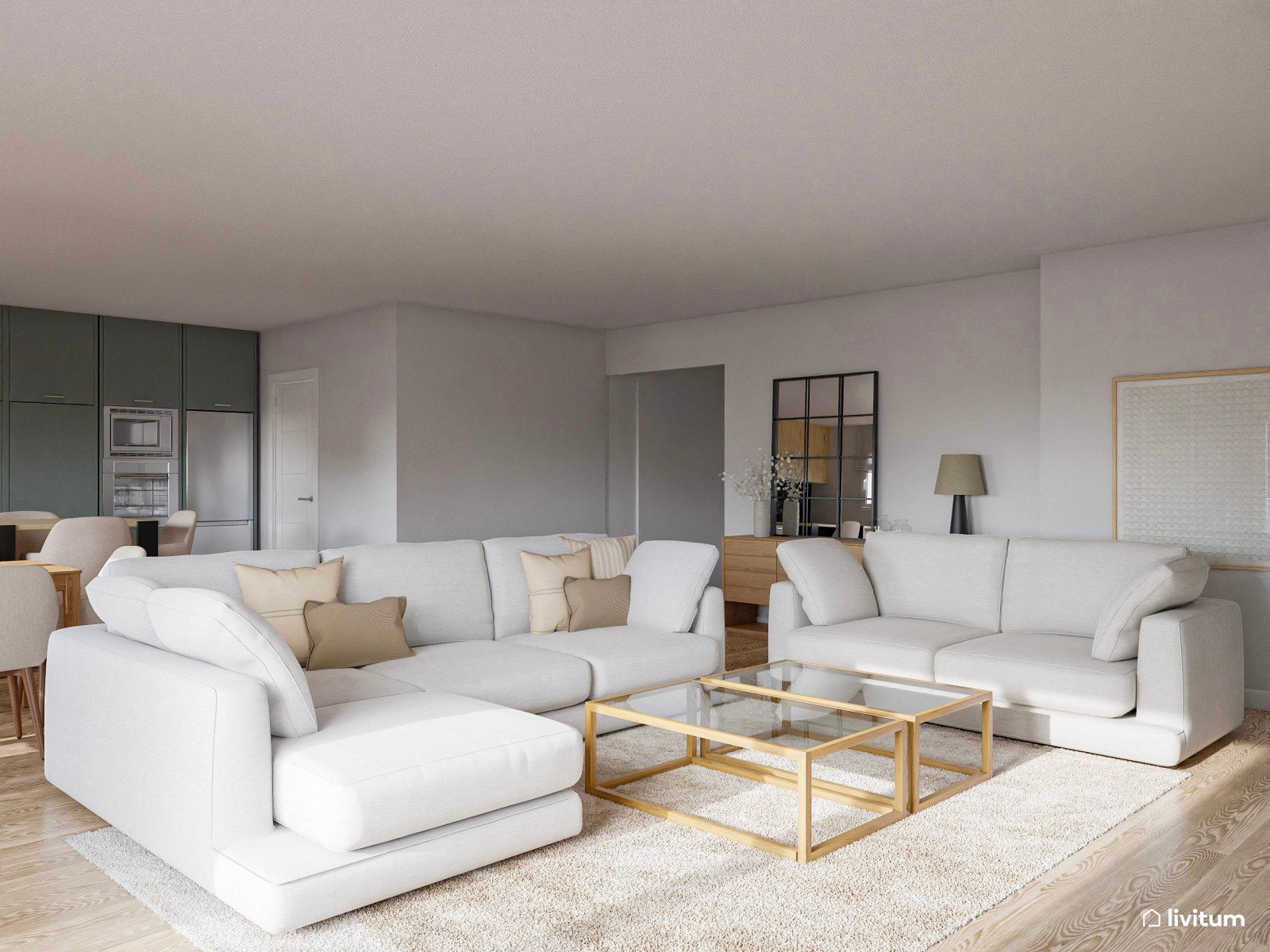 Salón neutro con elegante cocina abierta en negro y verde 
