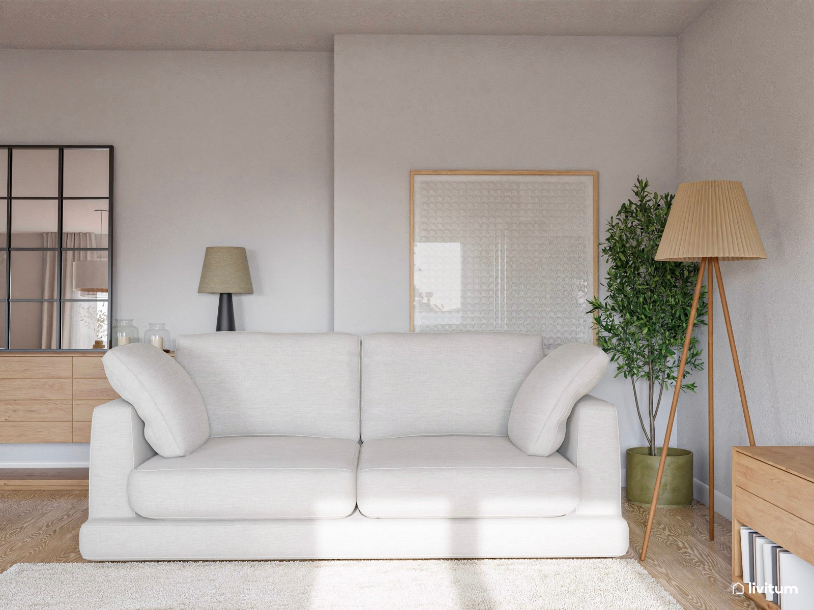 Salón neutro con elegante cocina abierta en negro y verde 