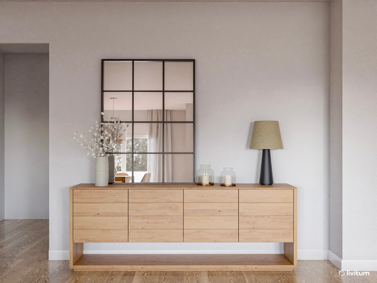 Salón neutro con elegante cocina abierta en negro y verde 