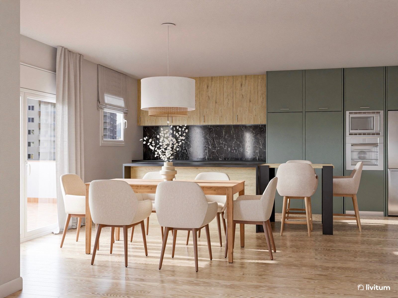 Salón neutro con elegante cocina abierta en negro y verde 
