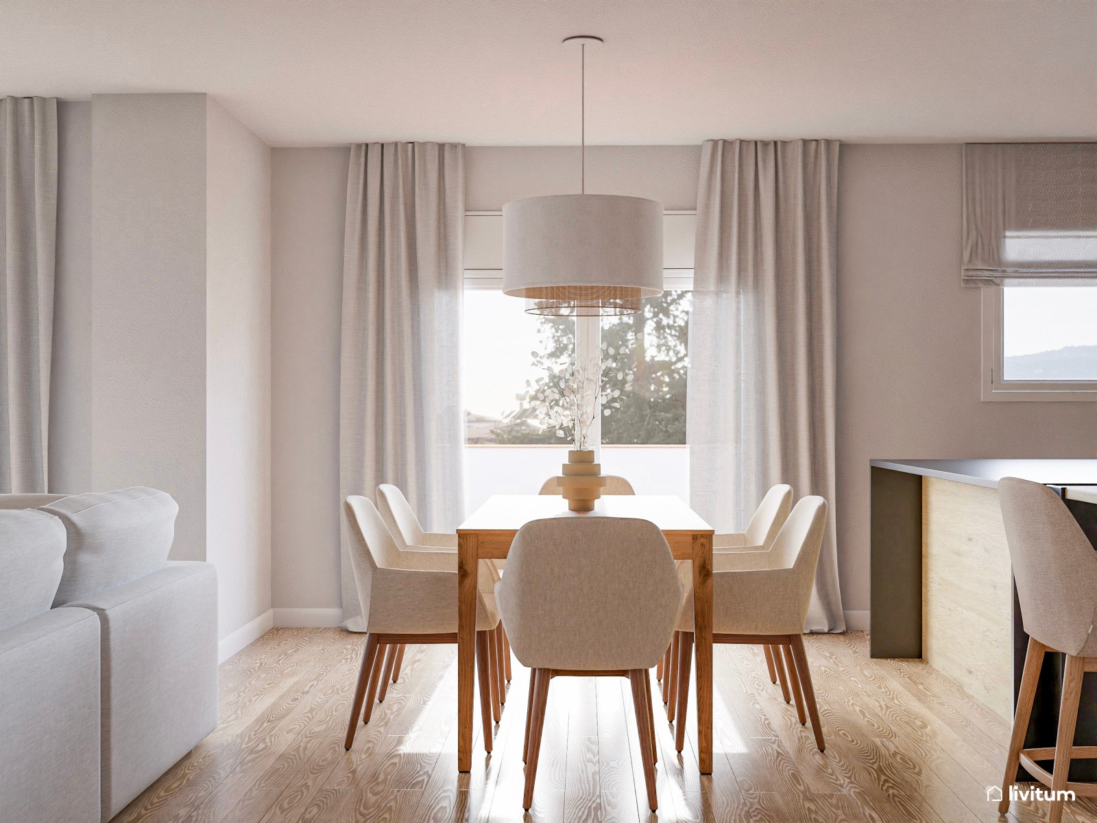 Salón neutro con elegante cocina abierta en negro y verde 