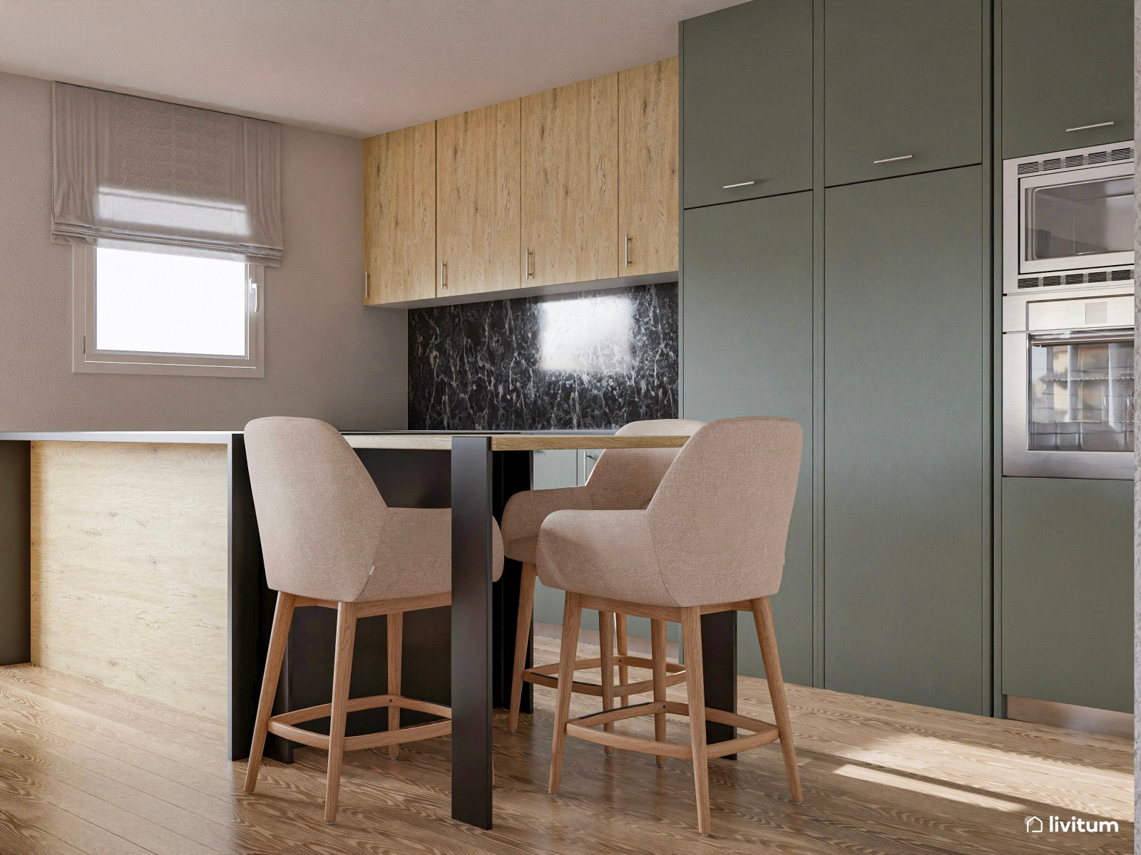 Salón neutro con elegante cocina abierta en negro y verde 