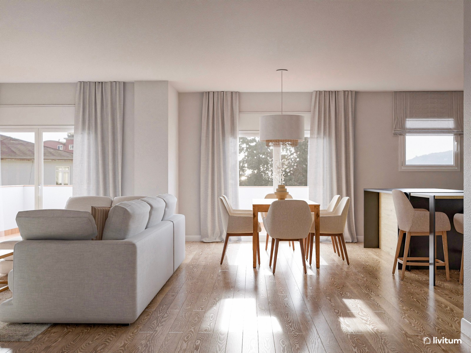 Salón neutro con elegante cocina abierta en negro y verde 