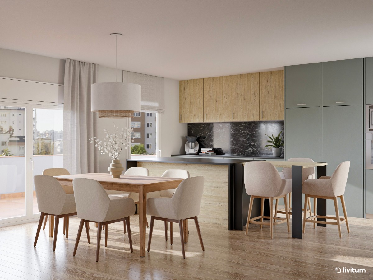 Salón neutro con elegante cocina abierta en negro y verde