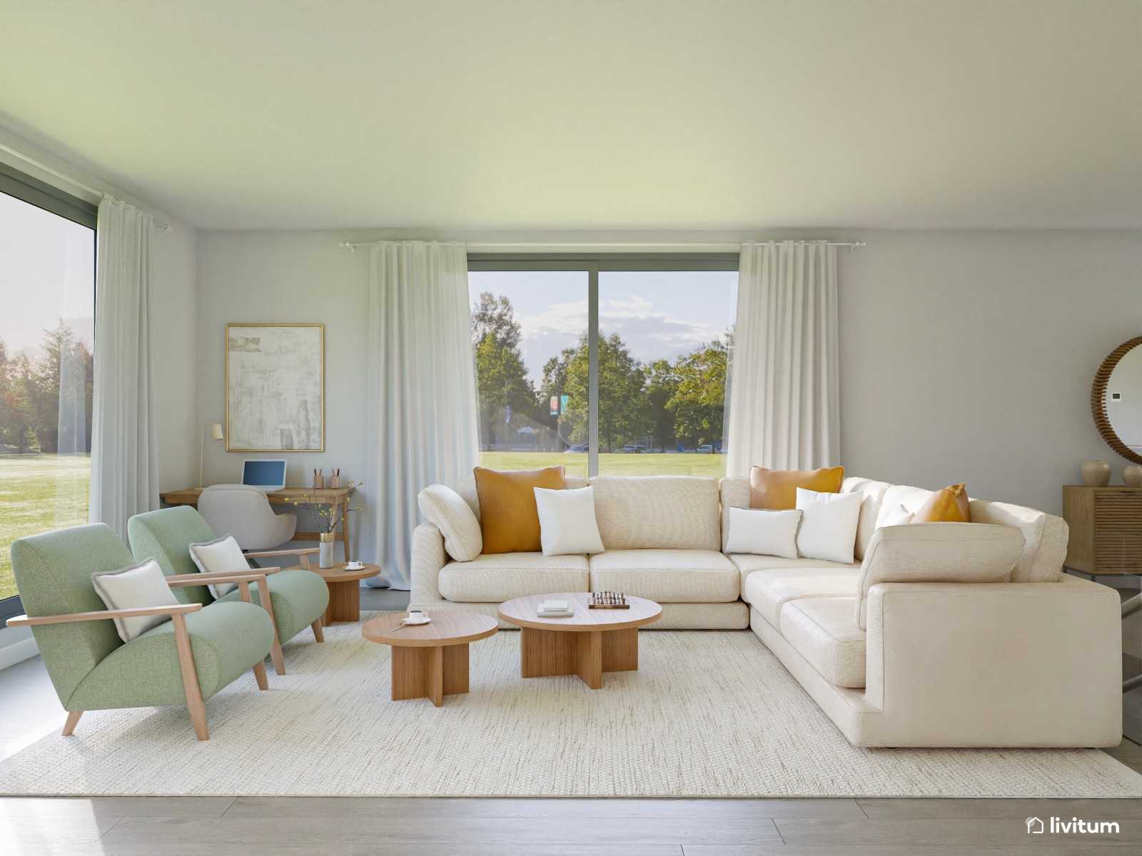 Salón nórdico amplio con vistas al exterior y zona de trabajo