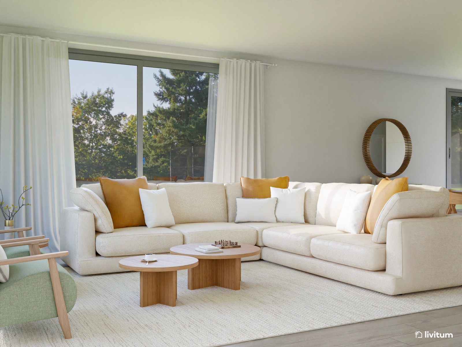 Salón nórdico amplio con vistas al exterior y zona de trabajo