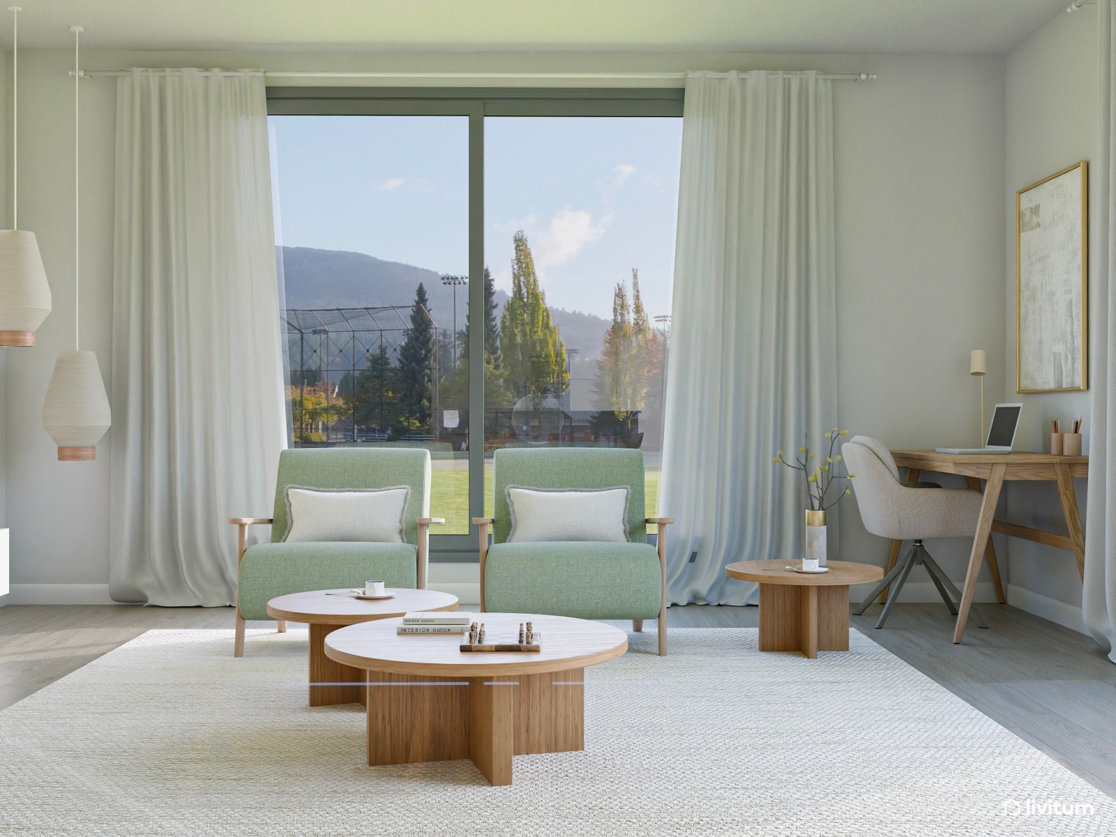 Salón nórdico amplio con vistas al exterior y zona de trabajo