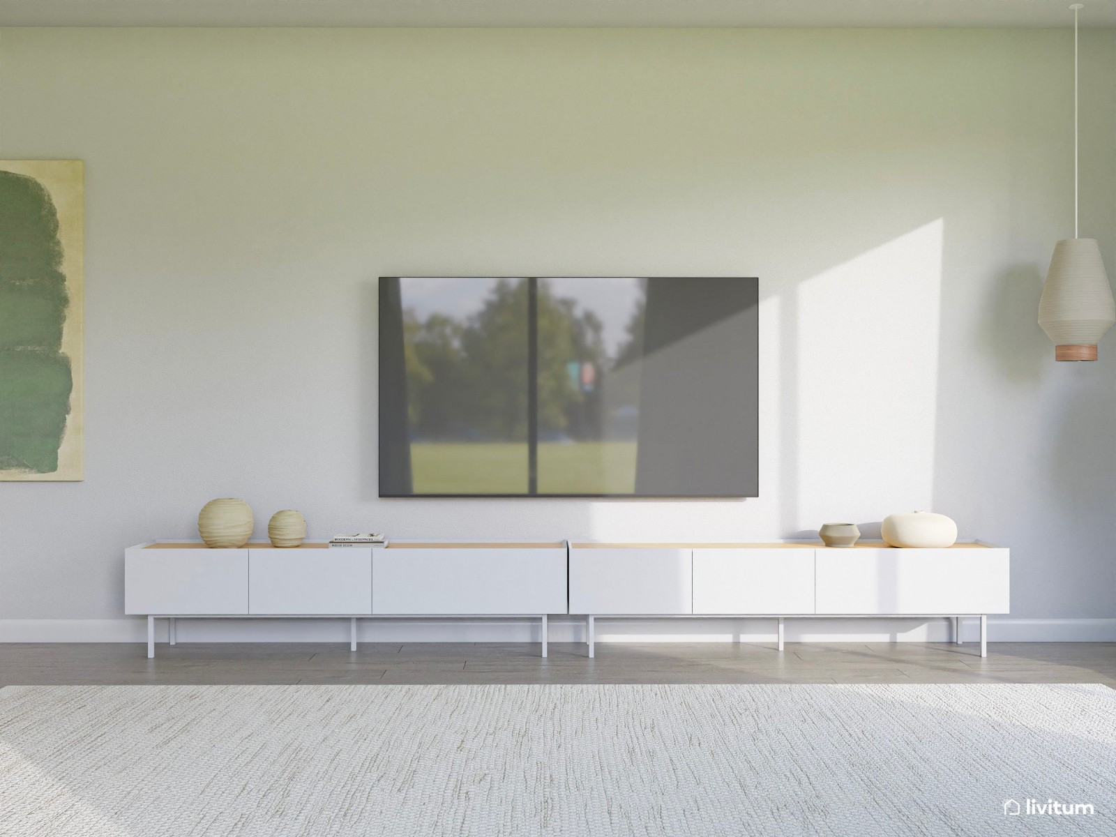 Salón nórdico amplio con vistas al exterior y zona de trabajo