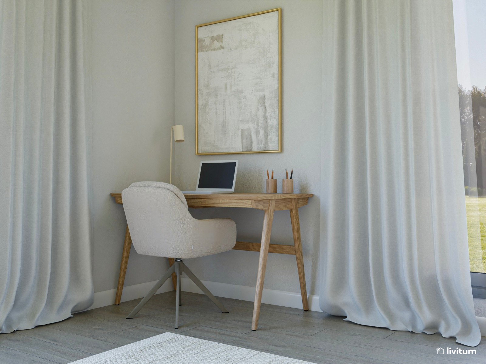 Salón nórdico amplio con vistas al exterior y zona de trabajo