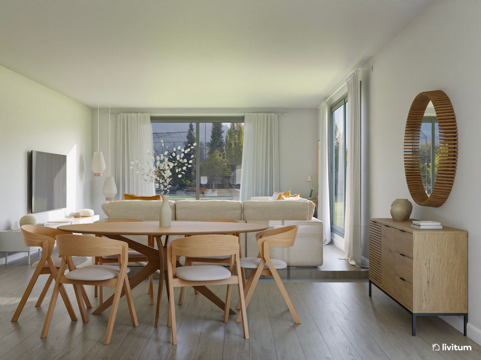 Salón nórdico amplio con vistas al exterior y zona de trabajo
