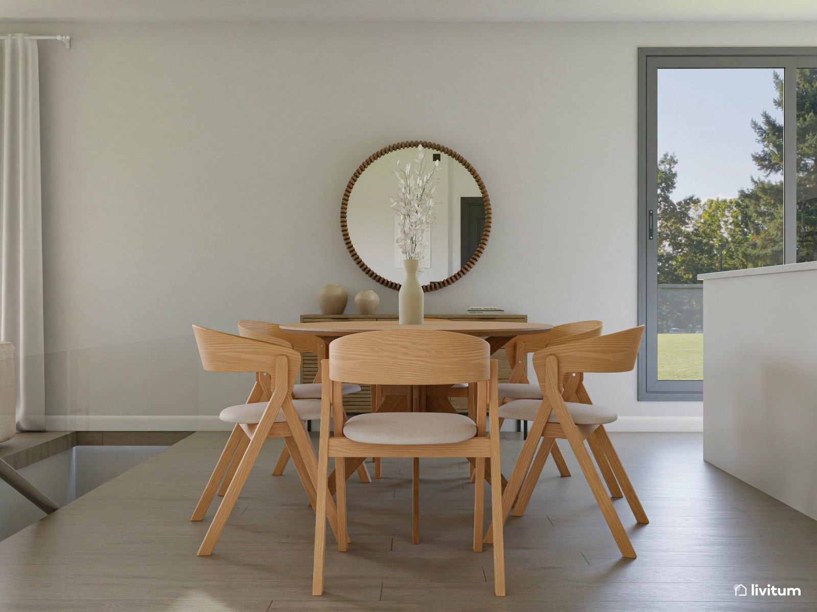 Salón nórdico amplio con vistas al exterior y zona de trabajo