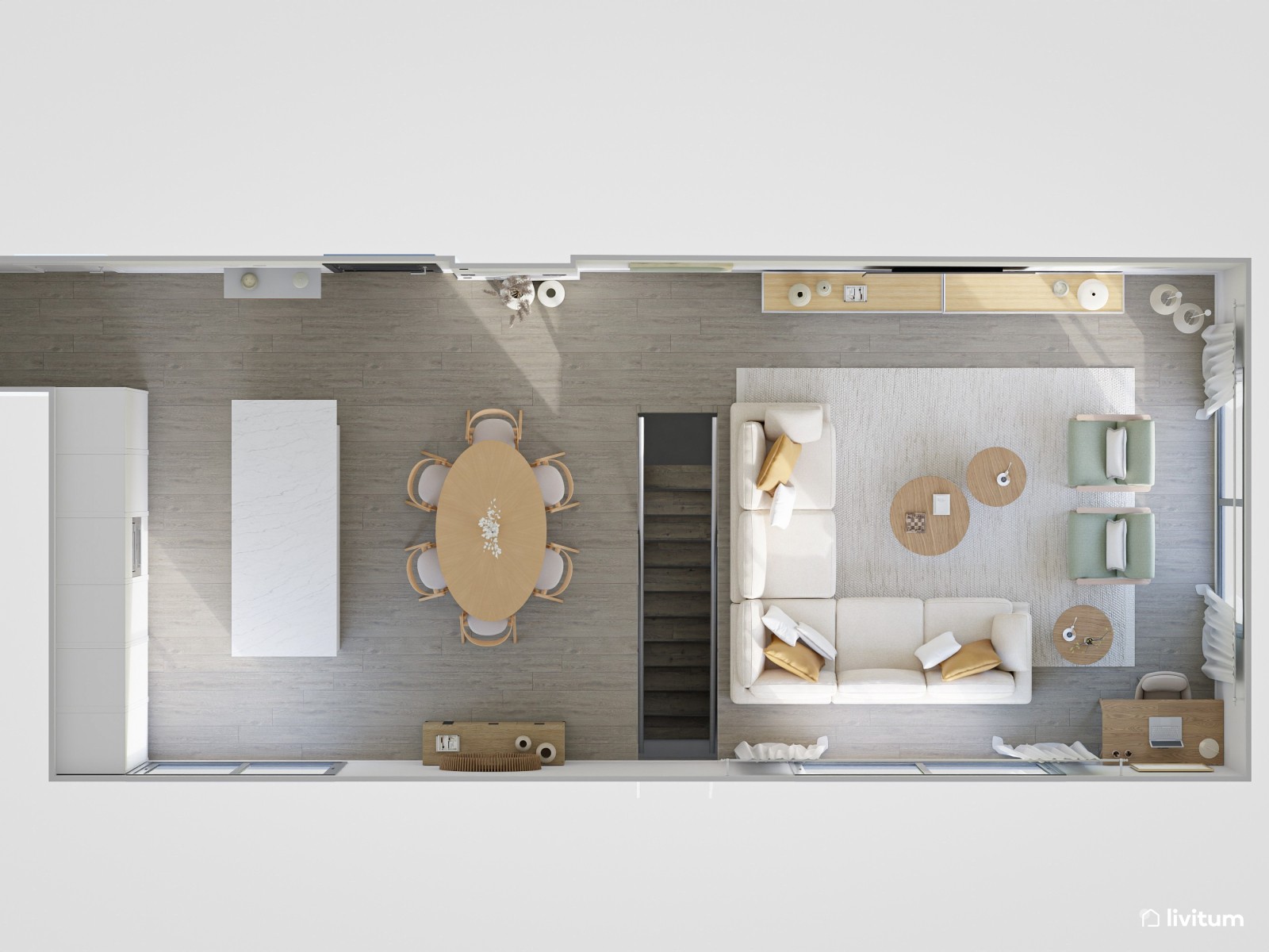Salón nórdico amplio con vistas al exterior y zona de trabajo