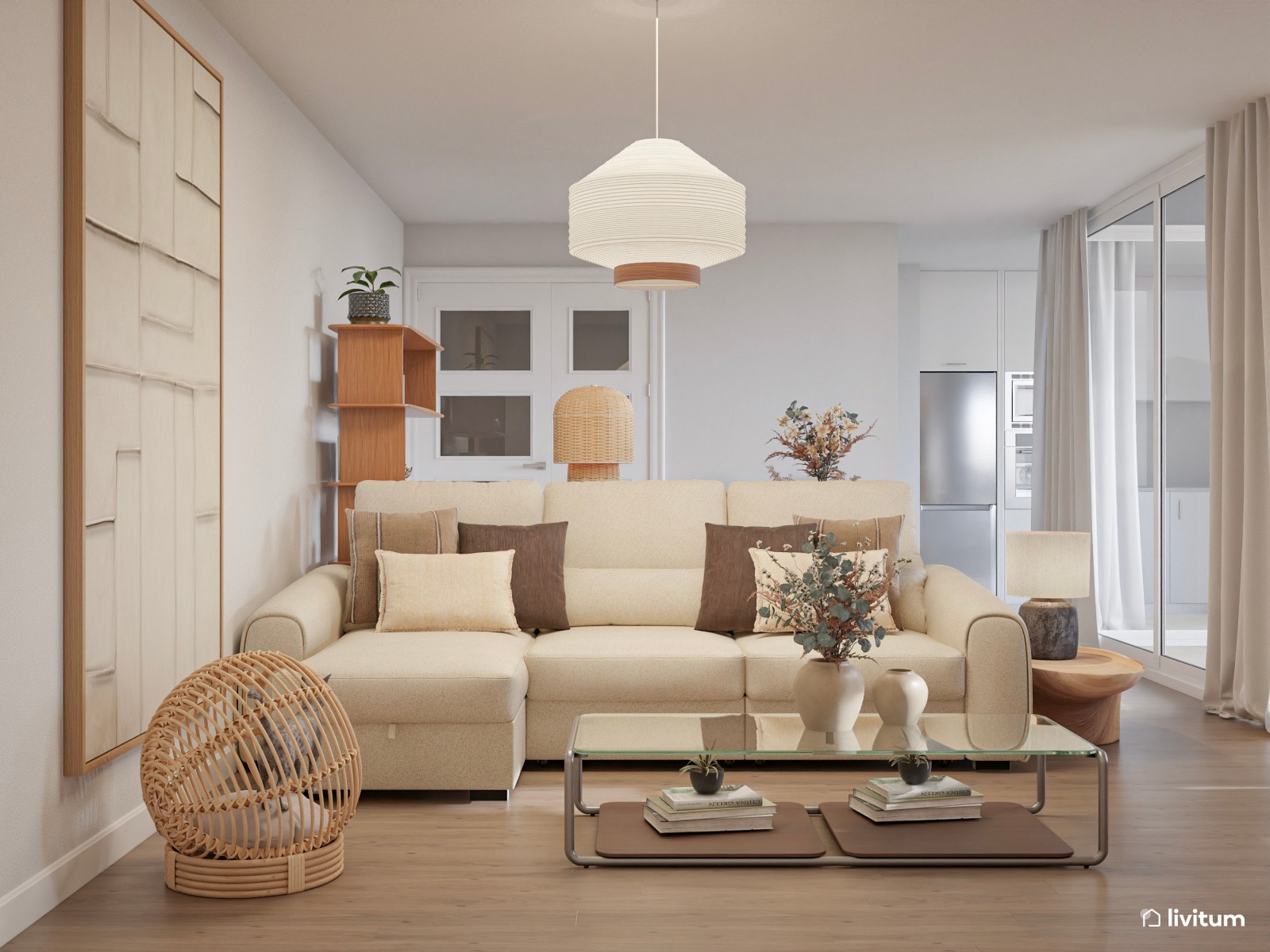 Salón nórdico boho con muebles de madera y elegantes accesorios de fibras naturales
