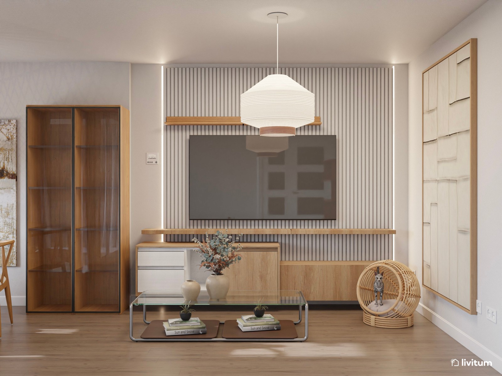Salón nórdico boho con muebles de madera y elegantes accesorios de fibras naturales
