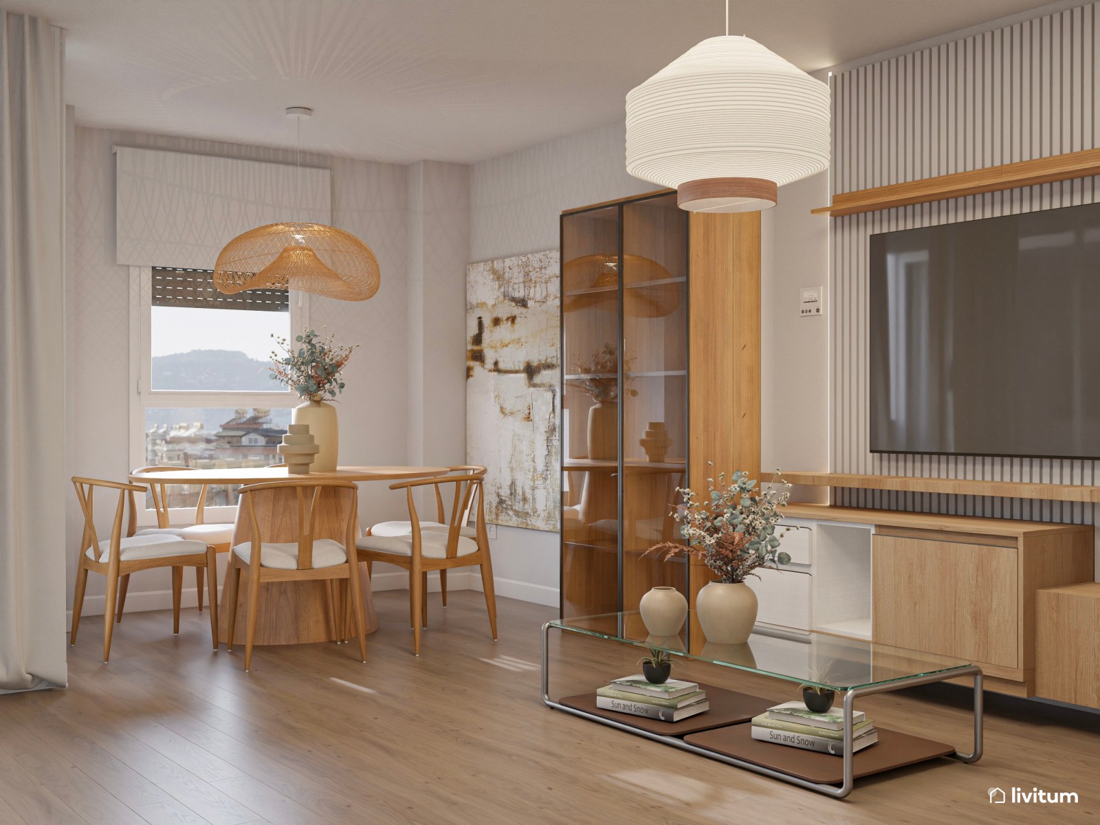 Salón nórdico boho con muebles de madera y elegantes accesorios de fibras naturales