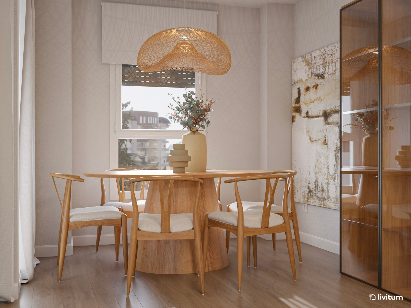 Salón nórdico boho con muebles de madera y elegantes accesorios de fibras naturales