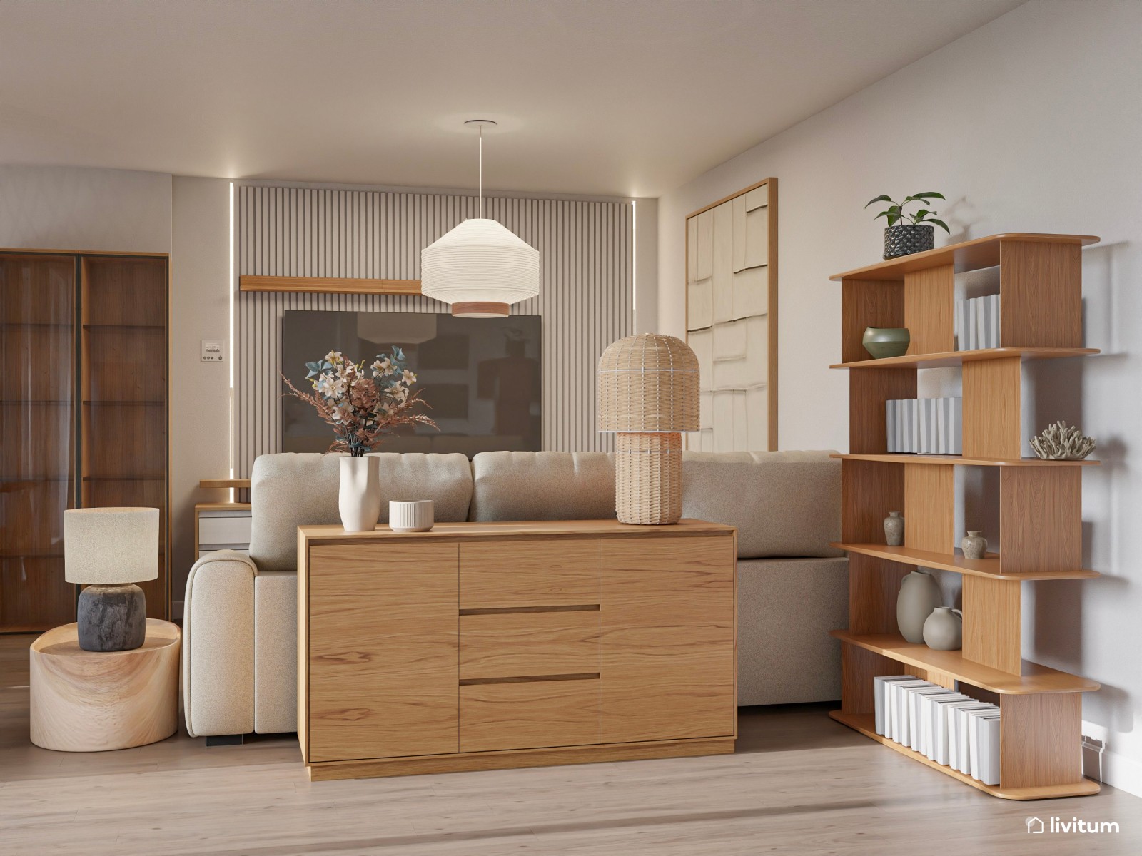 Salón nórdico boho con muebles de madera y elegantes accesorios de fibras naturales