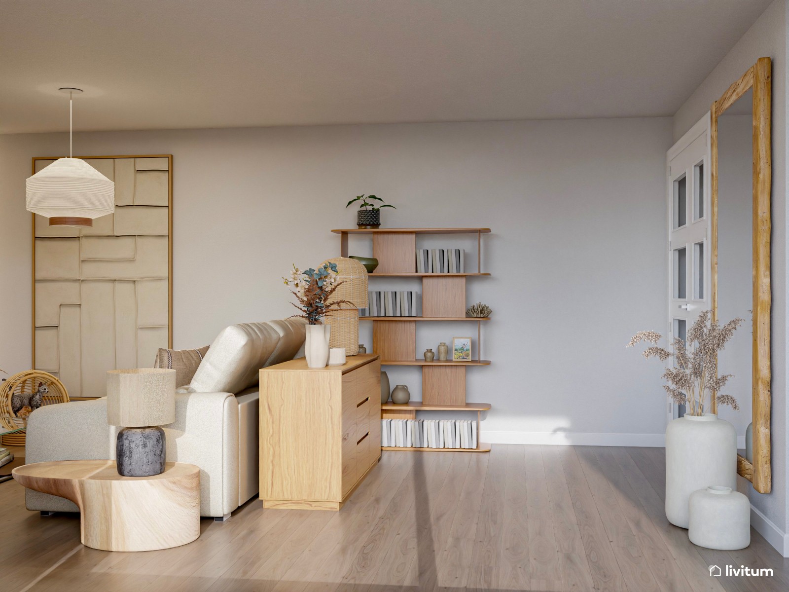 Salón nórdico boho con muebles de madera y elegantes accesorios de fibras naturales