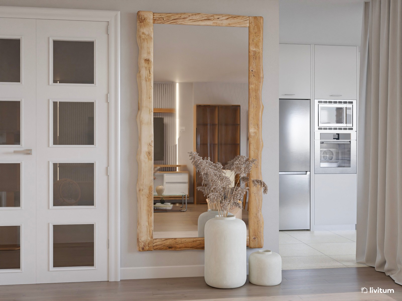 Salón nórdico boho con muebles de madera y elegantes accesorios de fibras naturales
