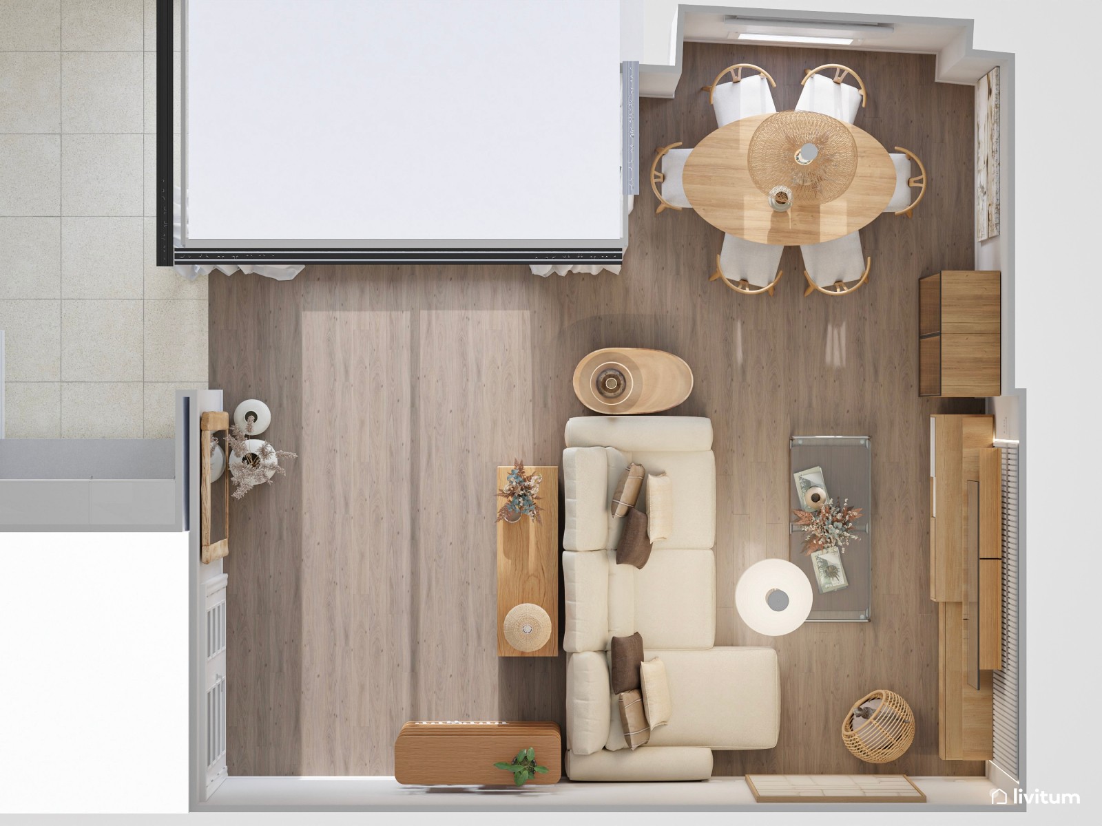 Salón nórdico boho con muebles de madera y elegantes accesorios de fibras naturales