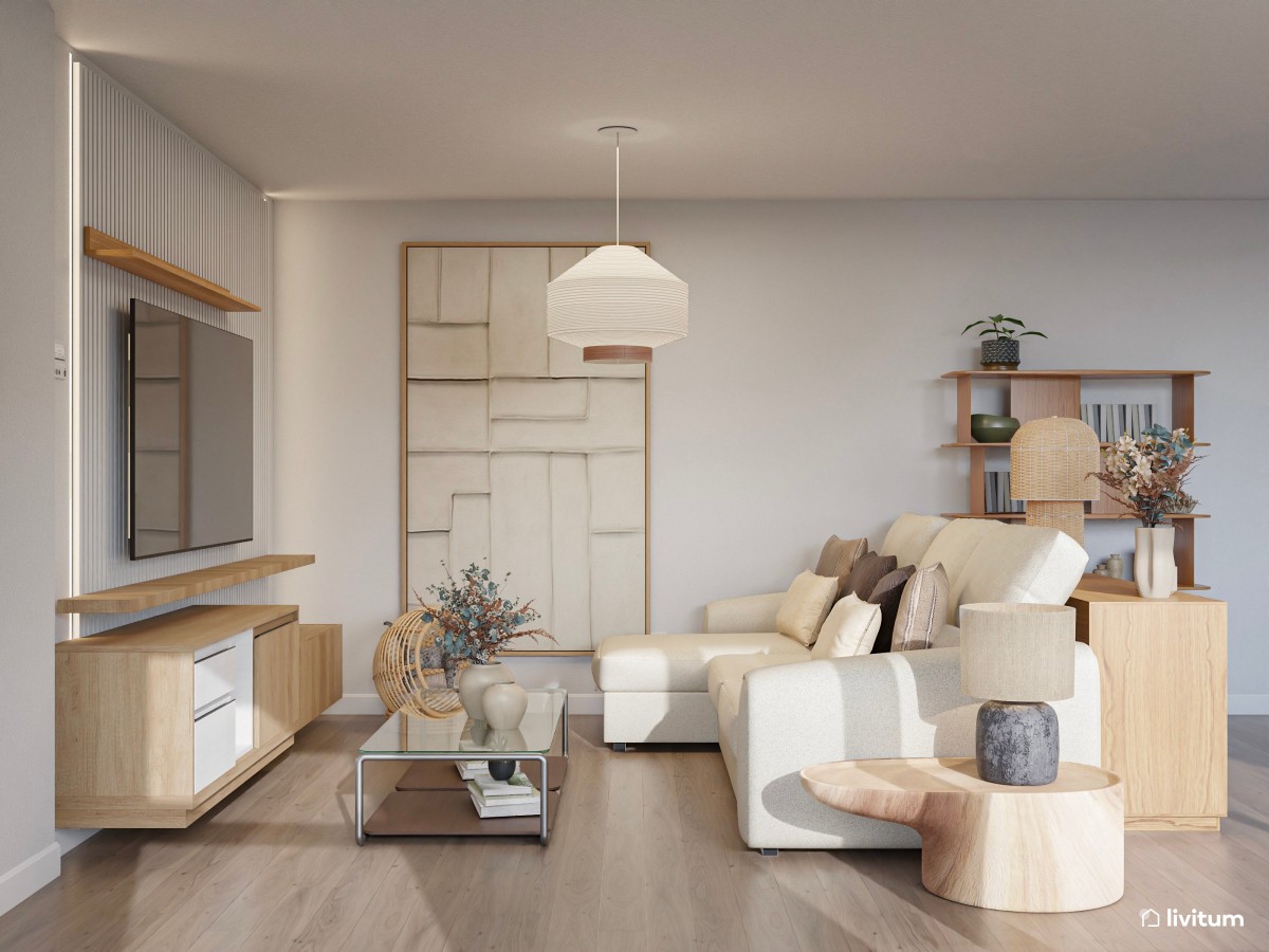 Salón nórdico boho con muebles de madera y elegantes accesorios de fibras naturales
