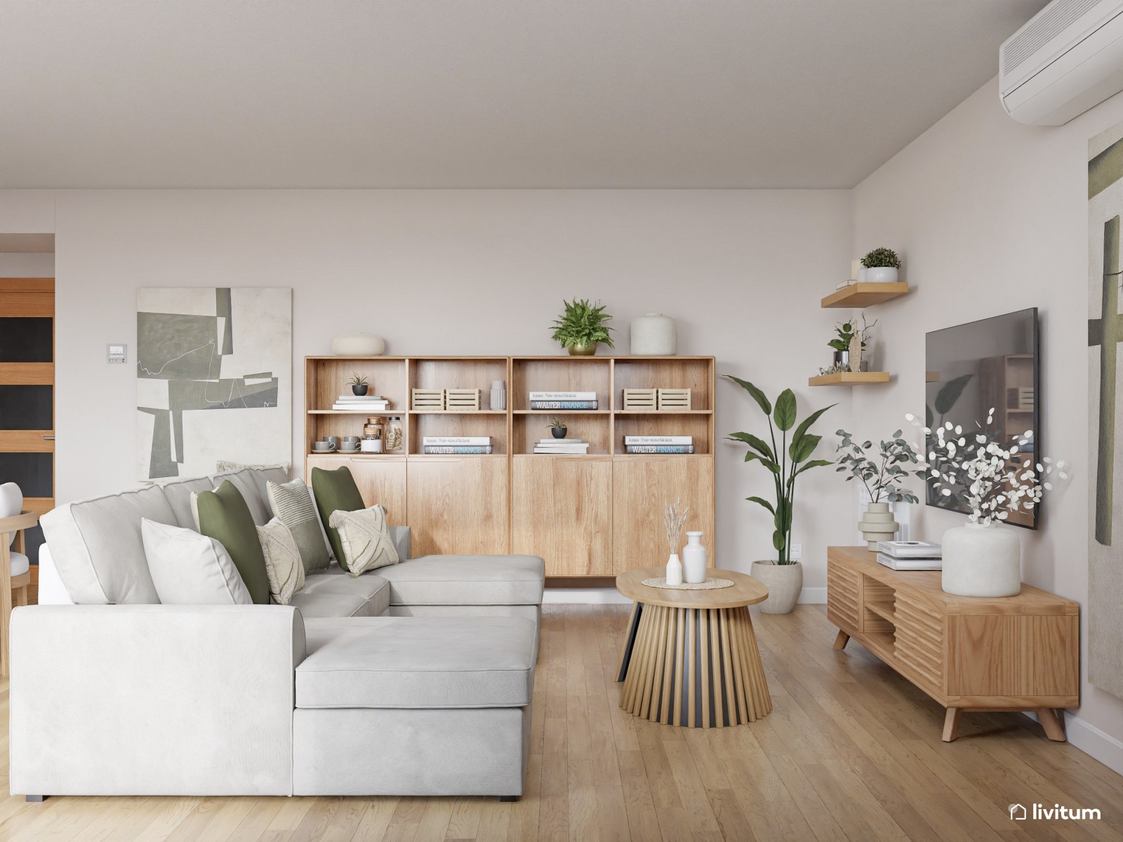 Salón nórdico cálido con gran sofá gris y muebles de madera clara