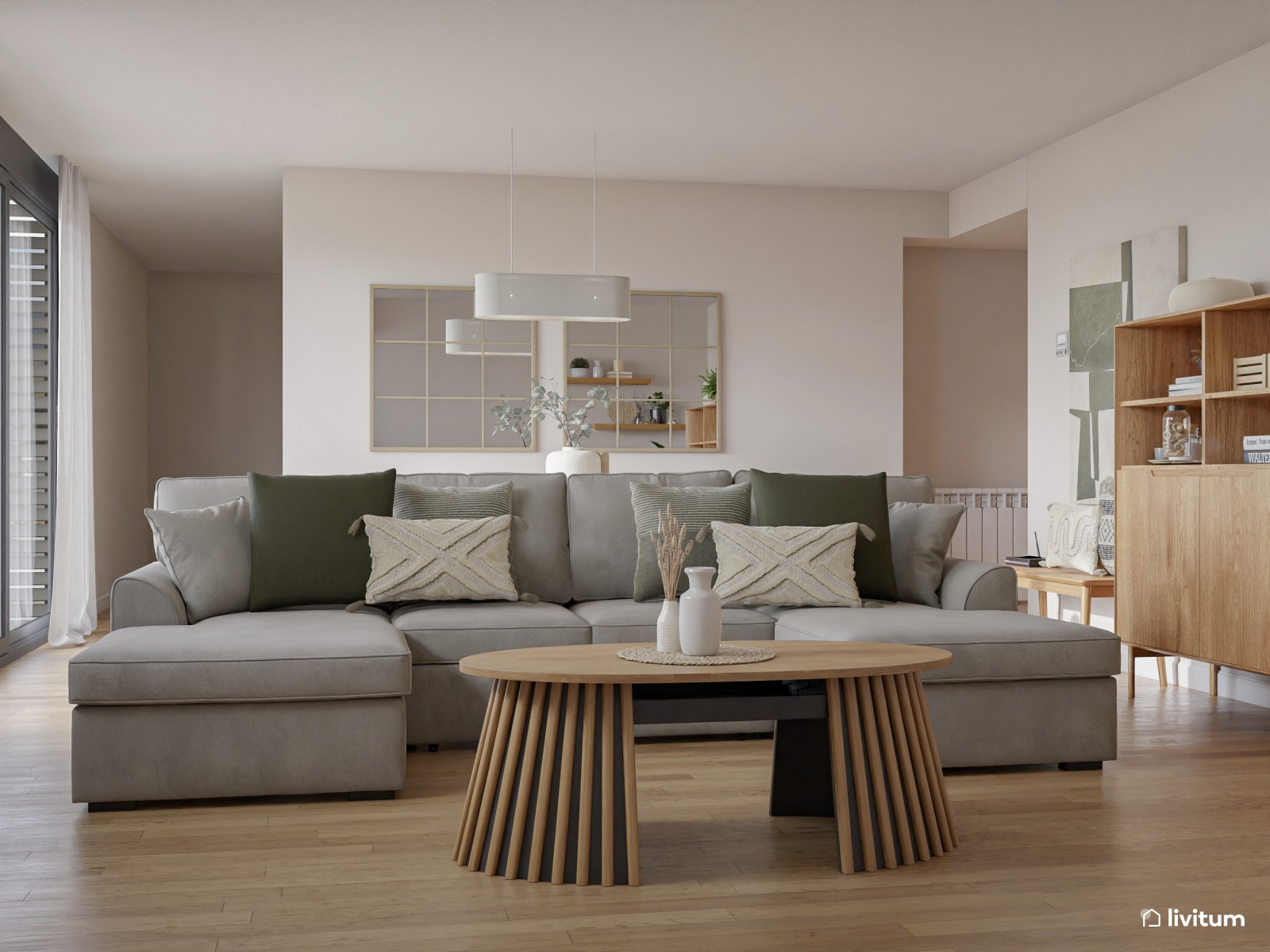 Salón nórdico cálido con gran sofá gris y muebles de madera clara