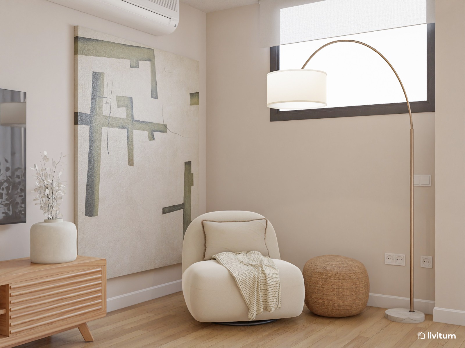 Salón nórdico cálido con gran sofá gris y muebles de madera clara
