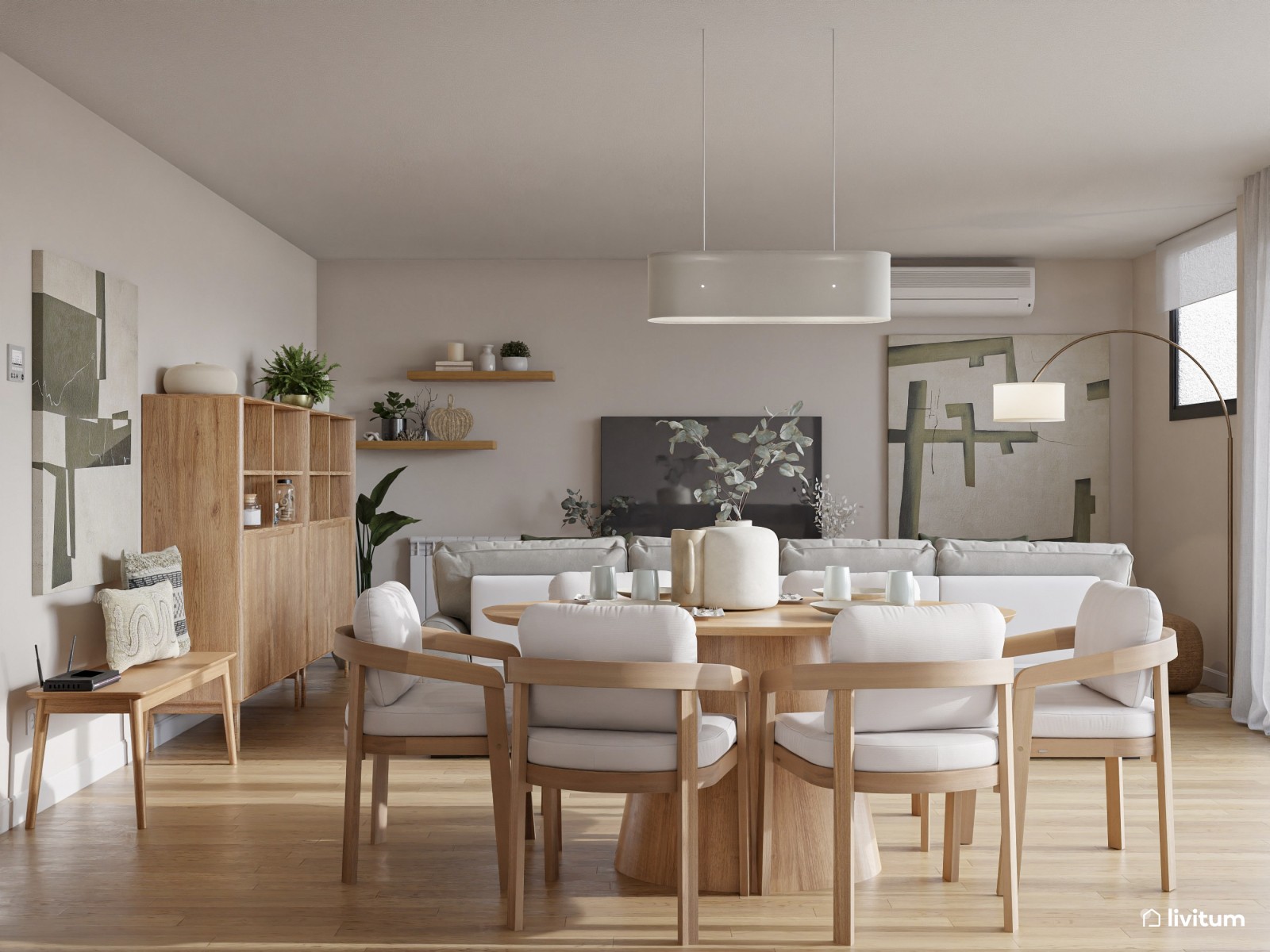 Salón nórdico cálido con gran sofá gris y muebles de madera clara