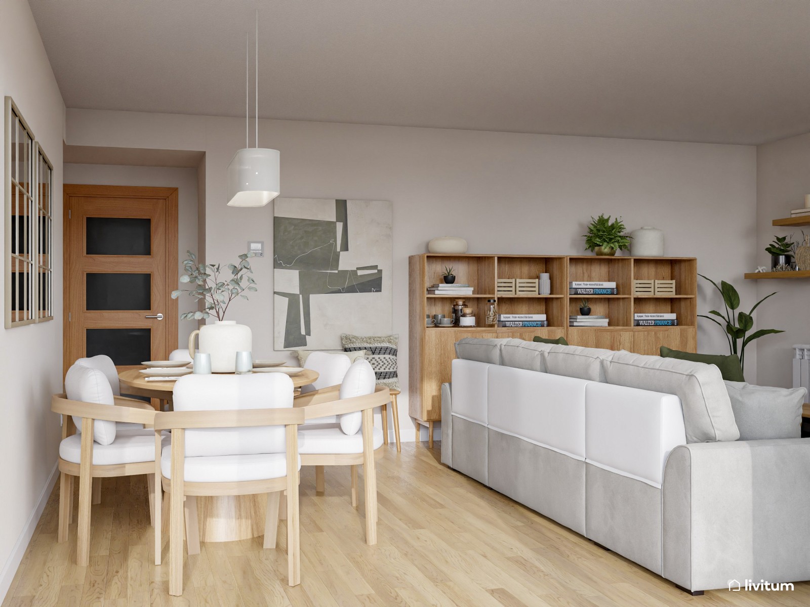 Salón nórdico cálido con gran sofá gris y muebles de madera clara