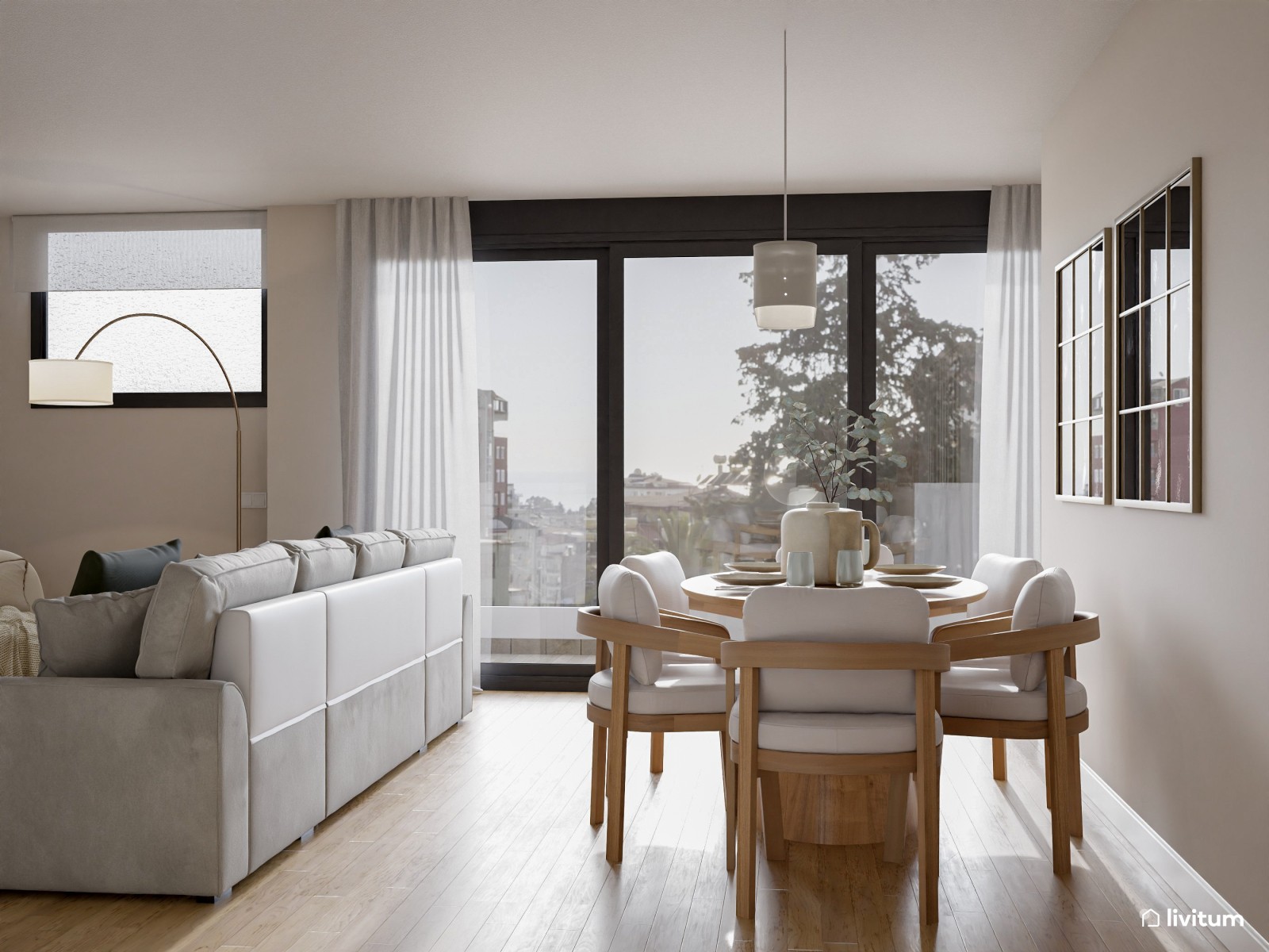 Salón nórdico cálido con gran sofá gris y muebles de madera clara