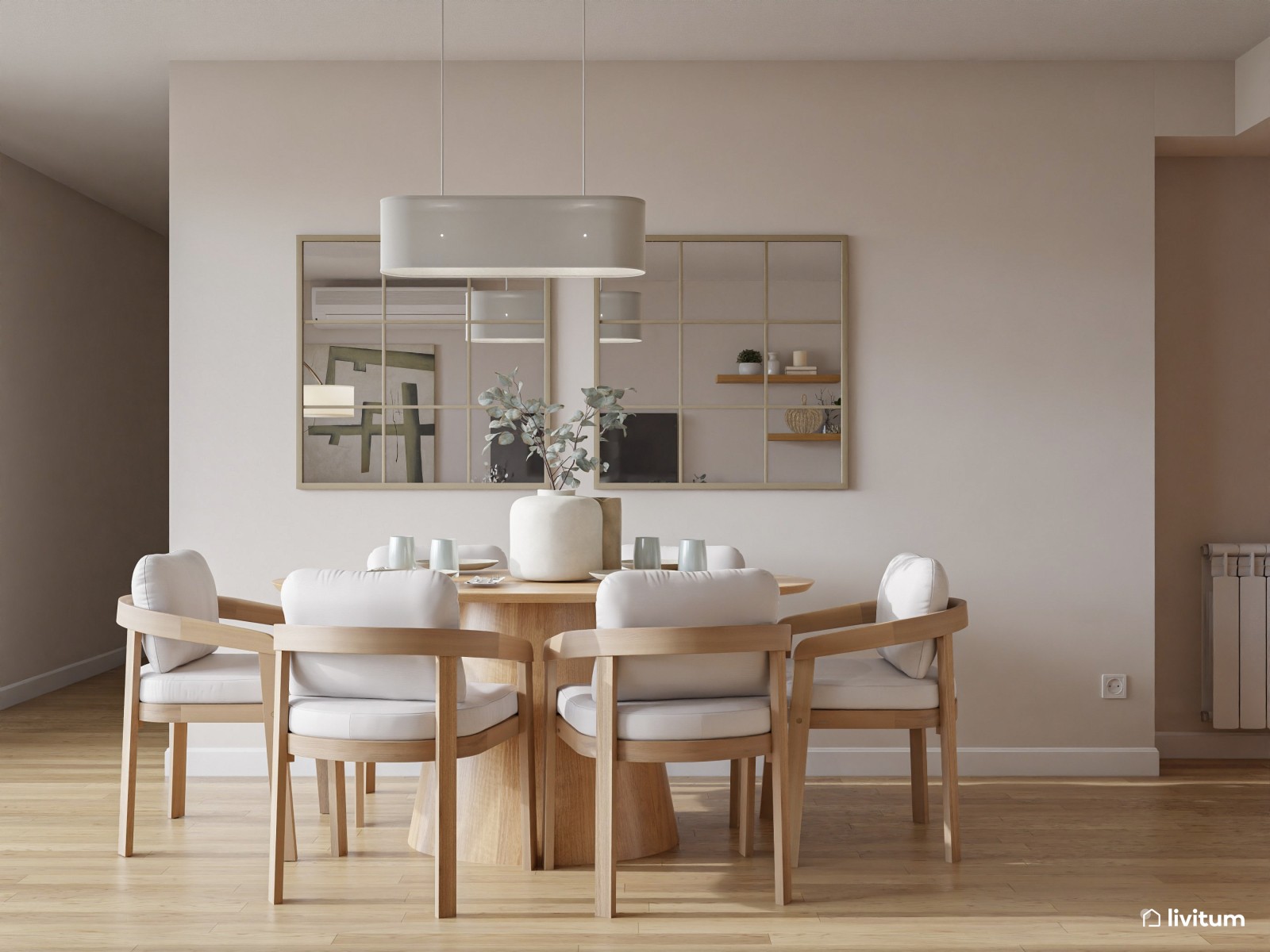Salón nórdico cálido con gran sofá gris y muebles de madera clara
