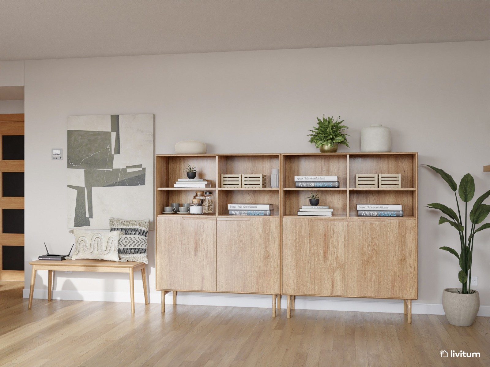 Salón nórdico cálido con gran sofá gris y muebles de madera clara