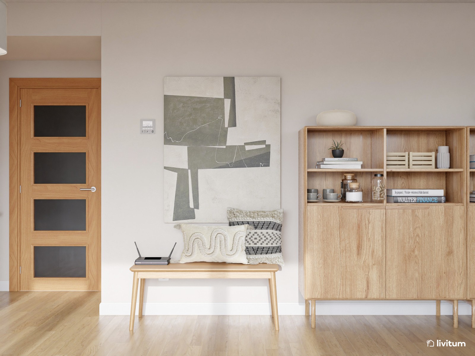 Salón nórdico cálido con gran sofá gris y muebles de madera clara