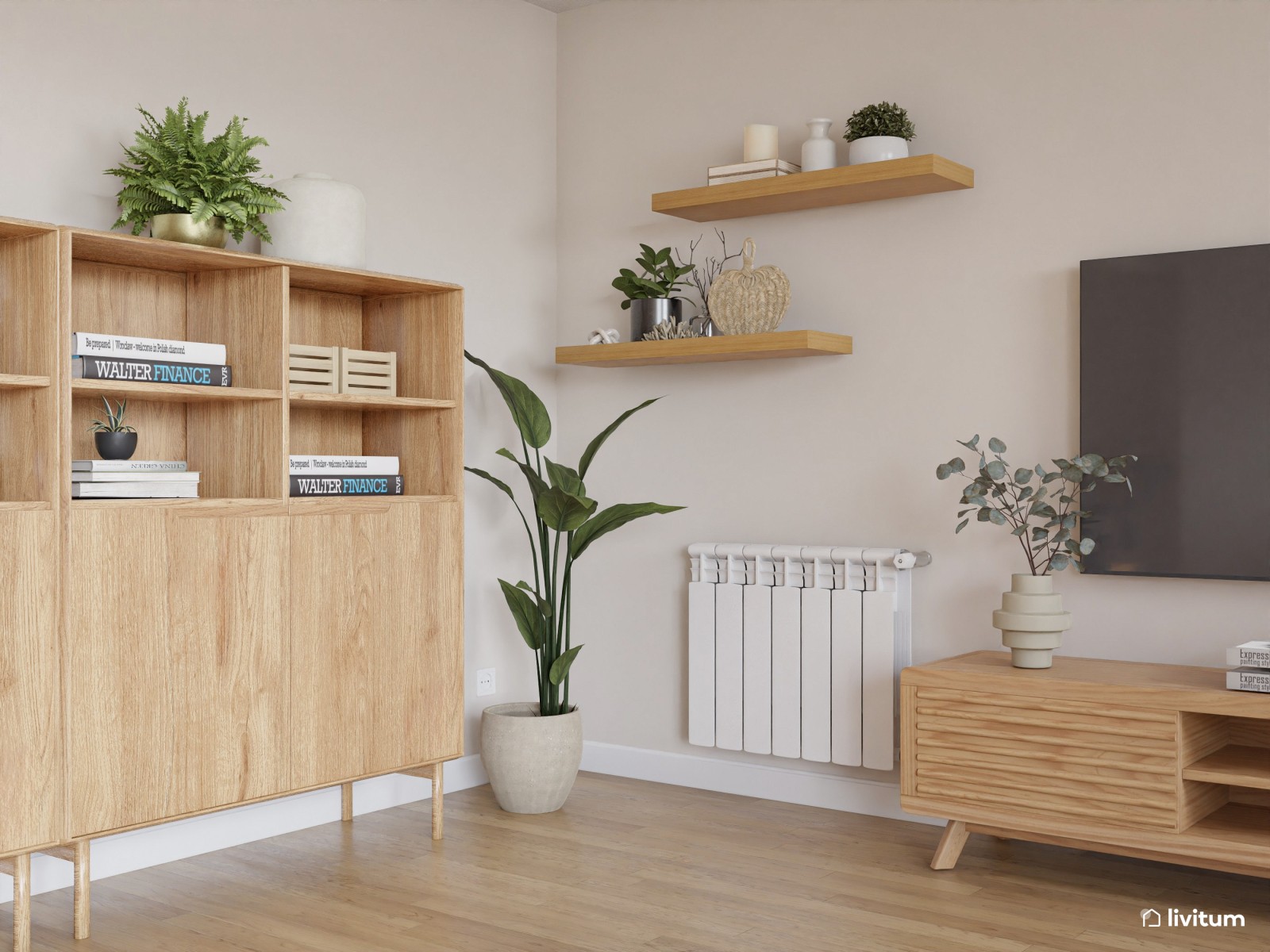 Salón nórdico cálido con gran sofá gris y muebles de madera clara