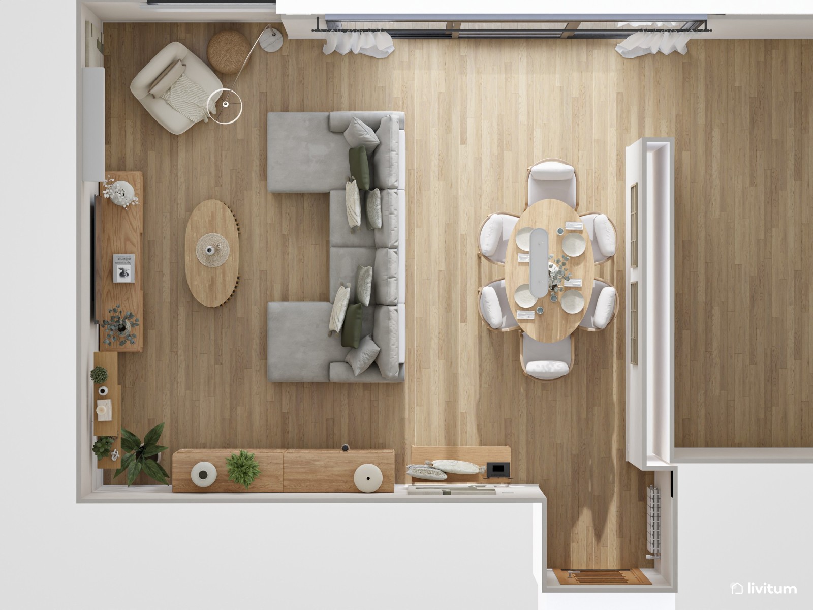Salón nórdico cálido con gran sofá gris y muebles de madera clara