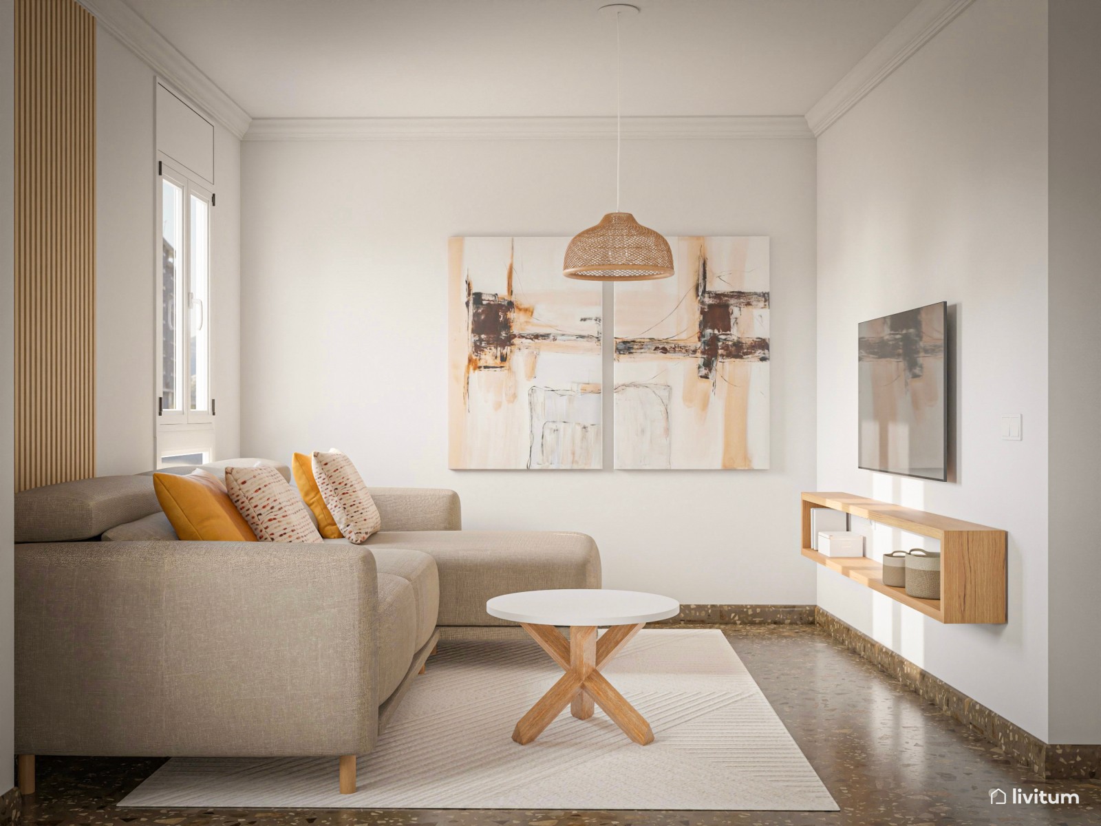 Salón nórdico,  cálido en madera y colores claros 