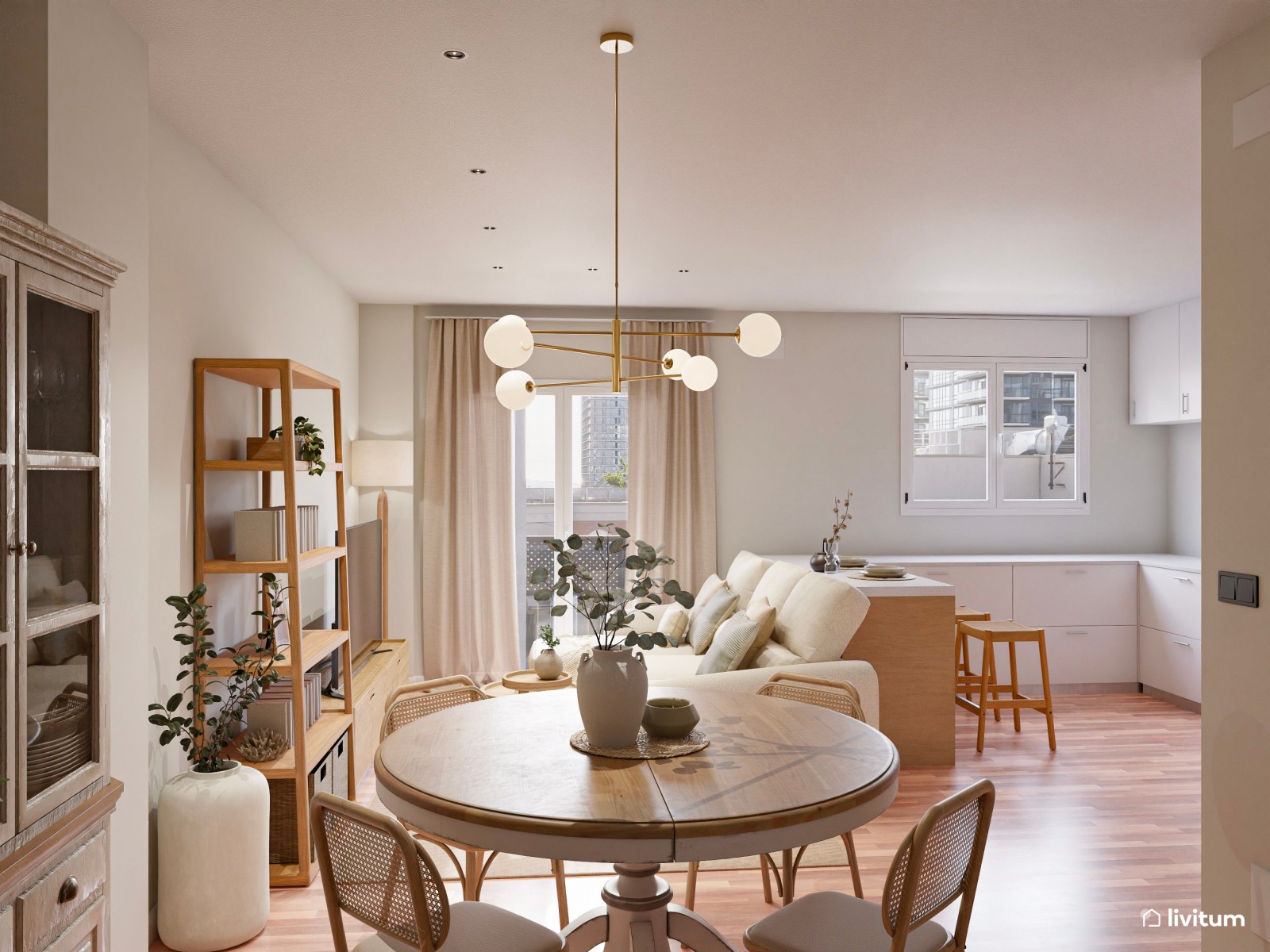 Salón nórdico clásico con piano y comedor redondo