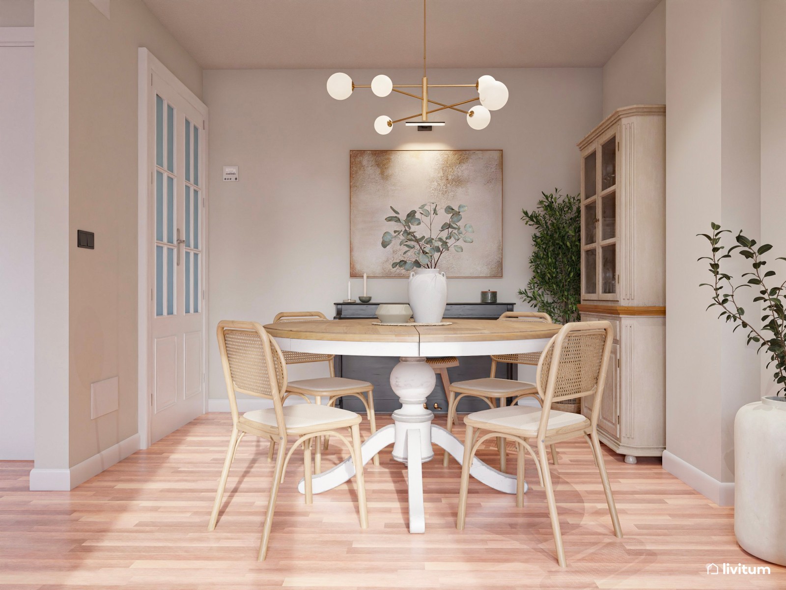 Salón nórdico clásico con piano y comedor redondo