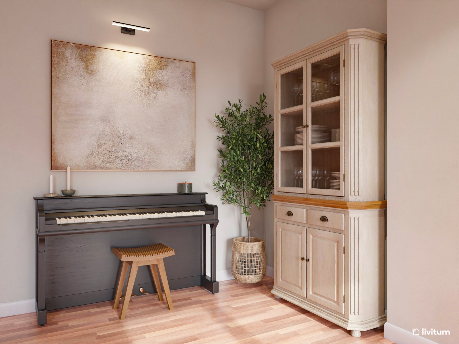 Salón nórdico clásico con piano y comedor redondo