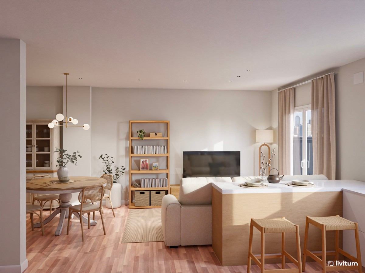 Salón nórdico clásico con piano y comedor redondo