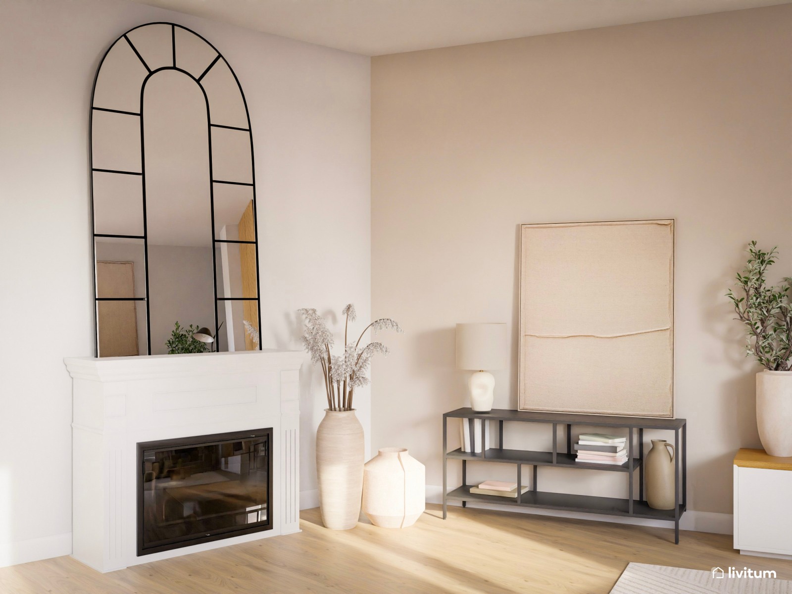 Salón nórdico con cocina abierta y listones de madera 