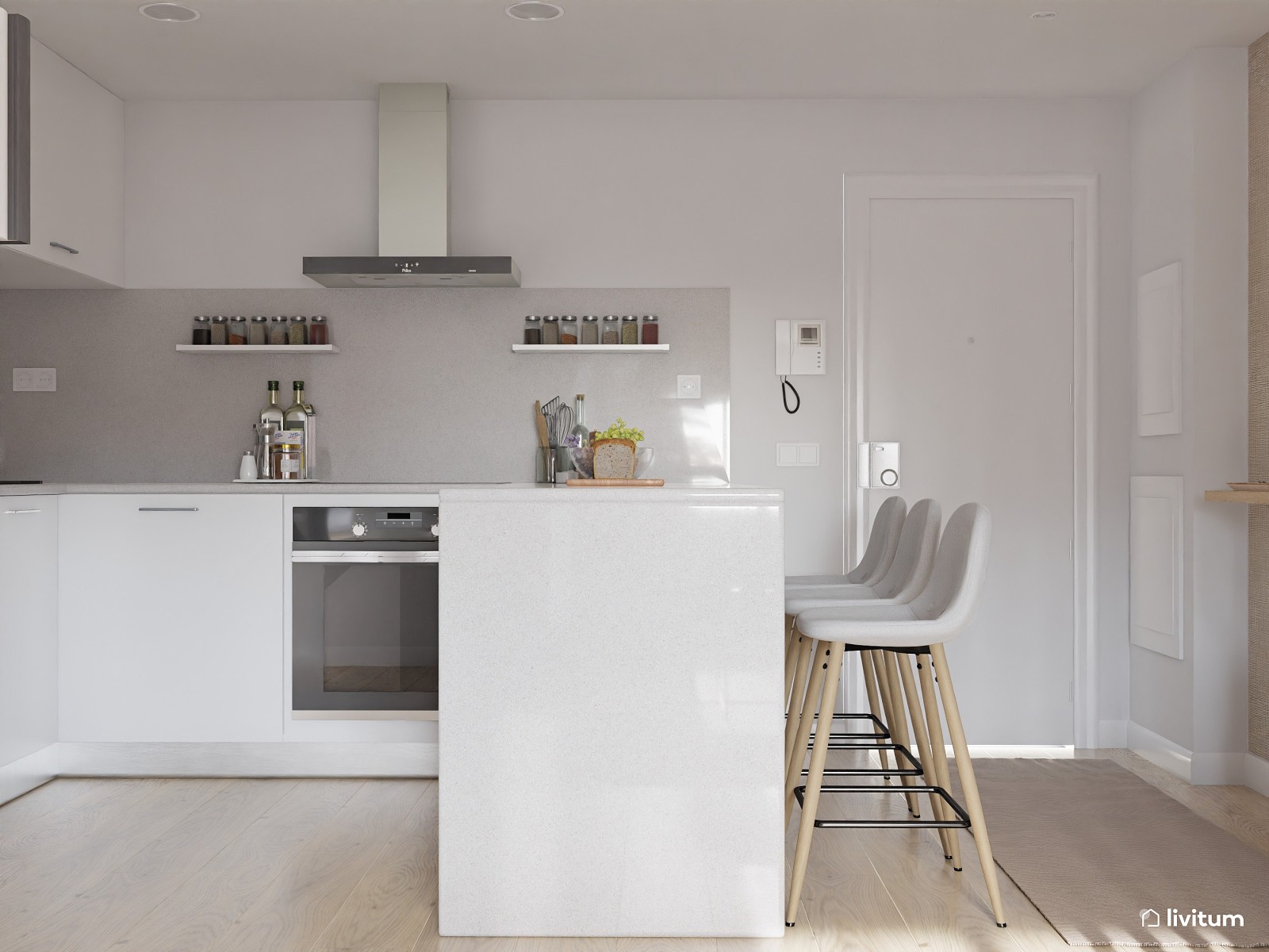 Salón nórdico con cocina abierta y paneles de madera 