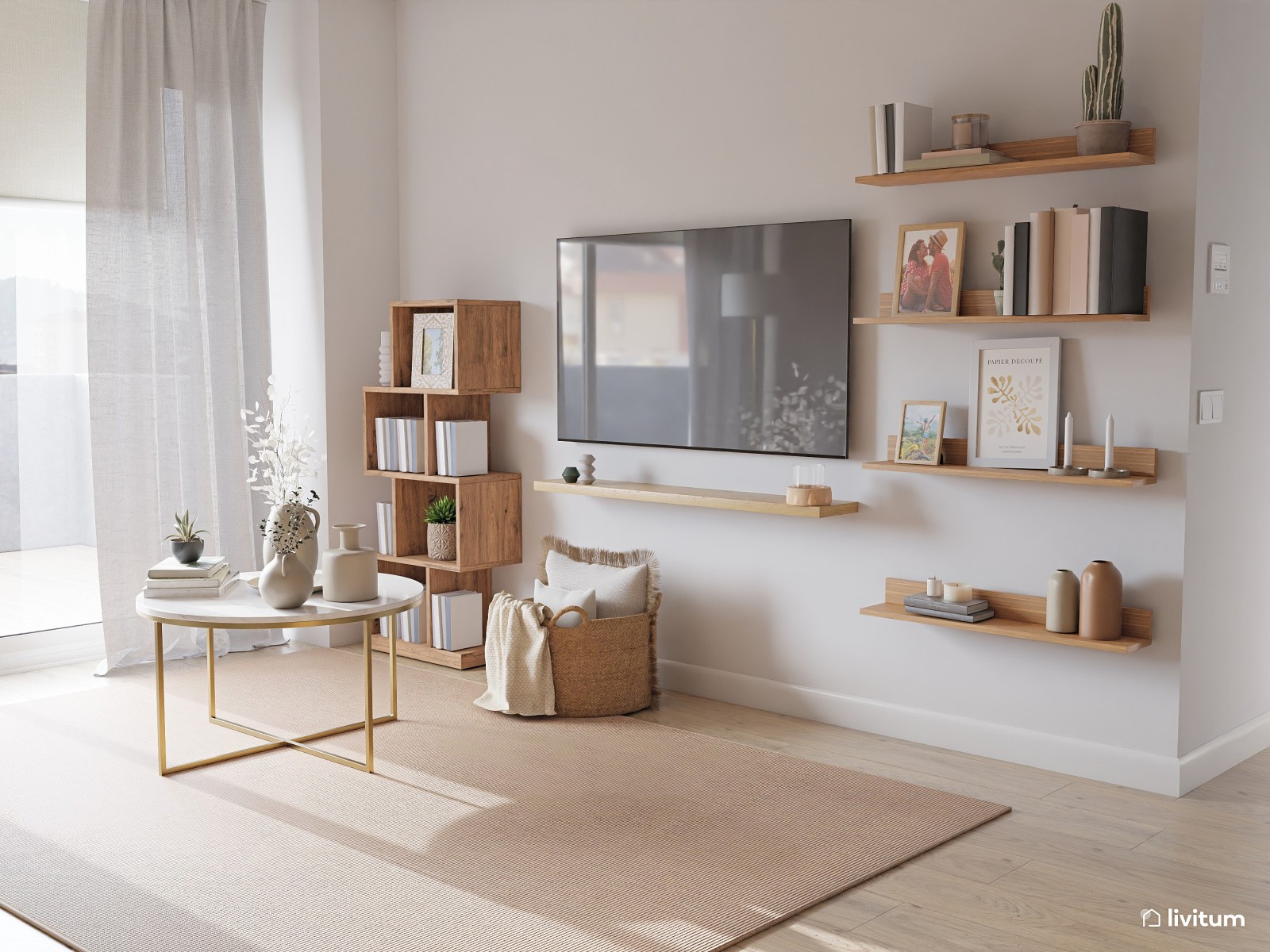 Salón nórdico con cocina abierta y paneles de madera 