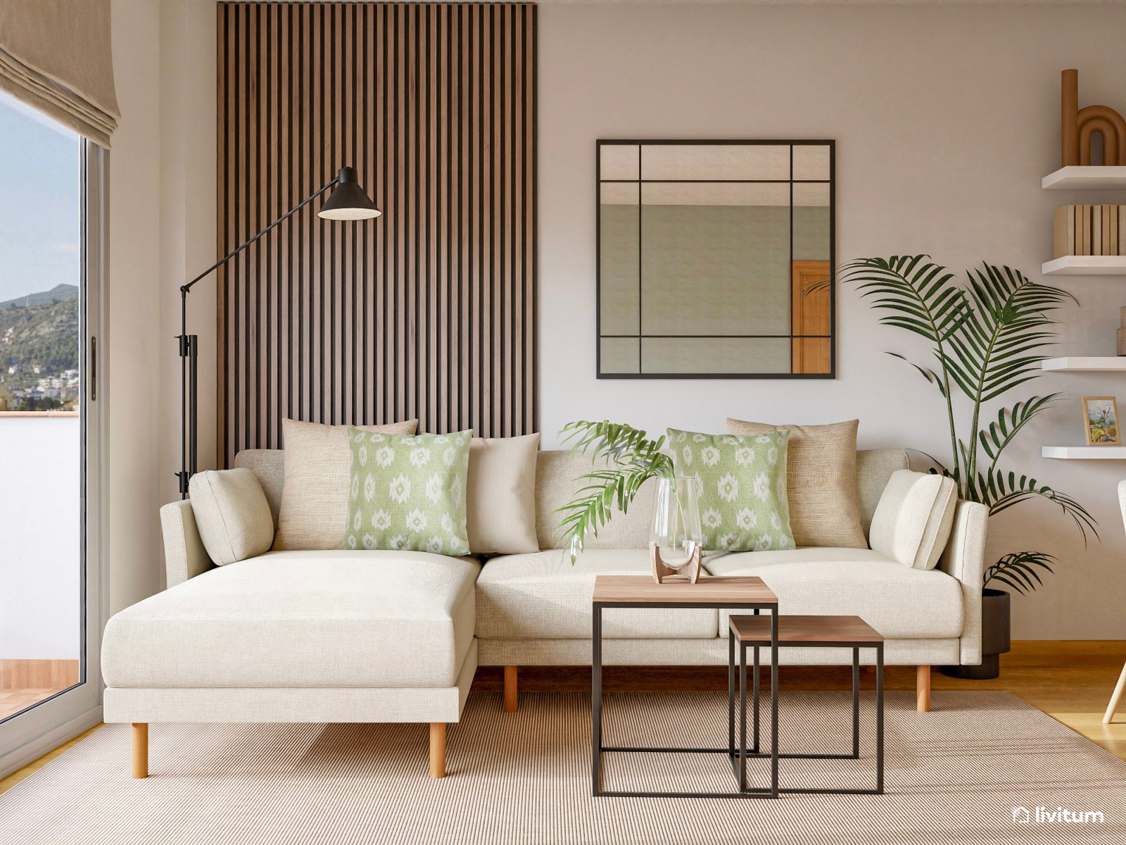 Salón nórdico con comedor en blanco y plantas decorativas