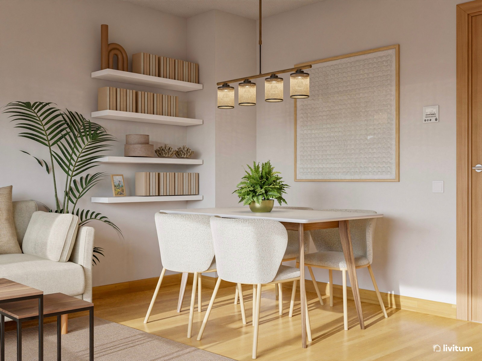 Salón nórdico con comedor en blanco y plantas decorativas