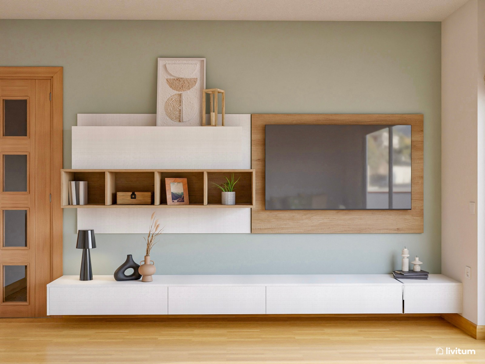Salón nórdico con comedor en blanco y plantas decorativas