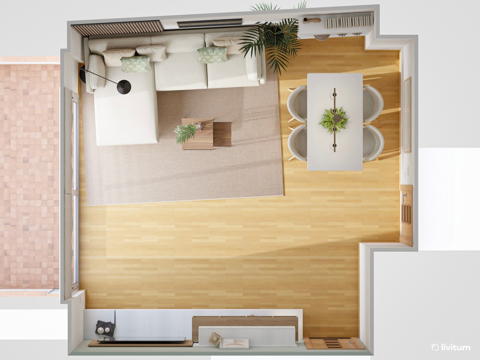 Salón nórdico con comedor en blanco y plantas decorativas
